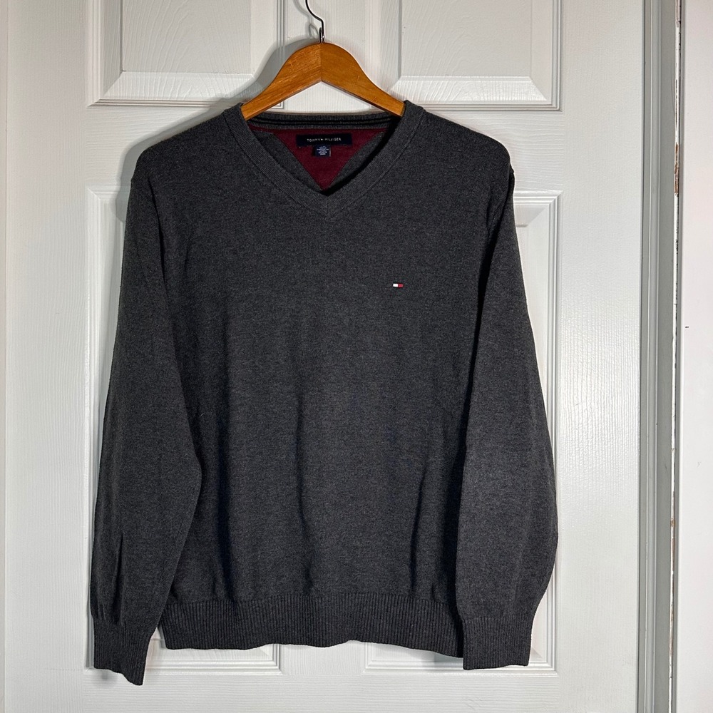 Tommy‎ Hilfiger Mens V-Neck Sweater Charcoal Gray 100% Cotton Logo Large 741441